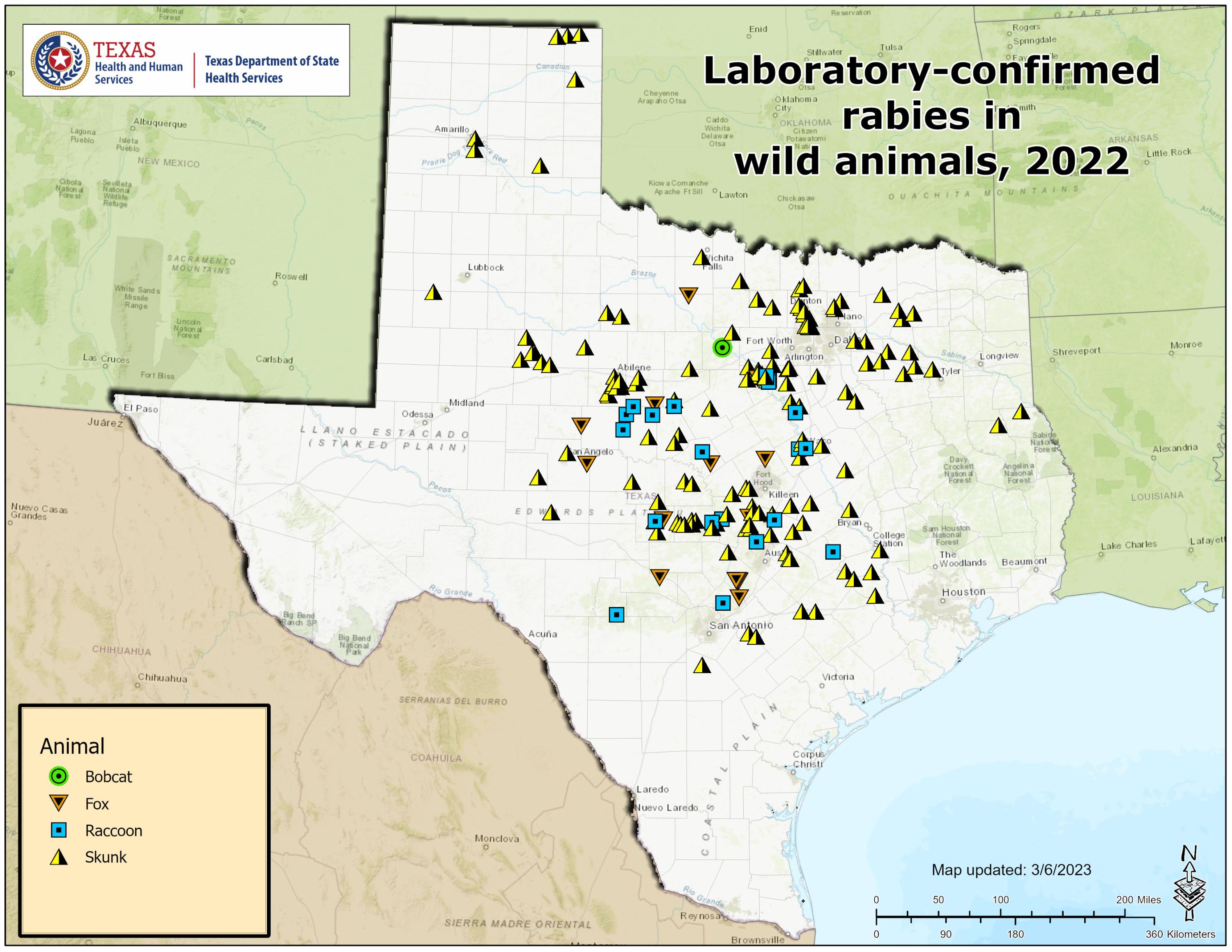 Rabies Maps 2022 Texas DSHS